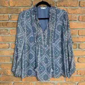 Westport Blouse Womens Small Blue Long Sleeve Paisley Print Ruffle Neck Boho Top